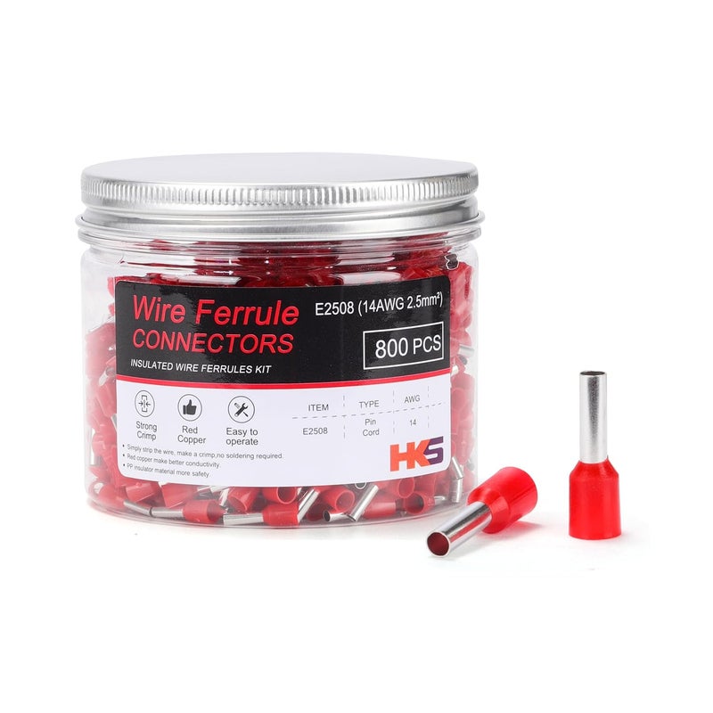 HK-S 800PCS Wire Ferrule Connectors - AWG 14-2.5mm² Copper Barrel Pin Cord Ends Insulated Ferrules Terminals - E2508 Red - Image 1